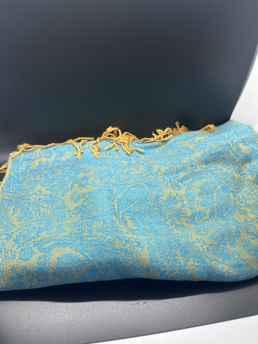Pashmina and Silk Blue & Gold Patterned Scarf Shawl